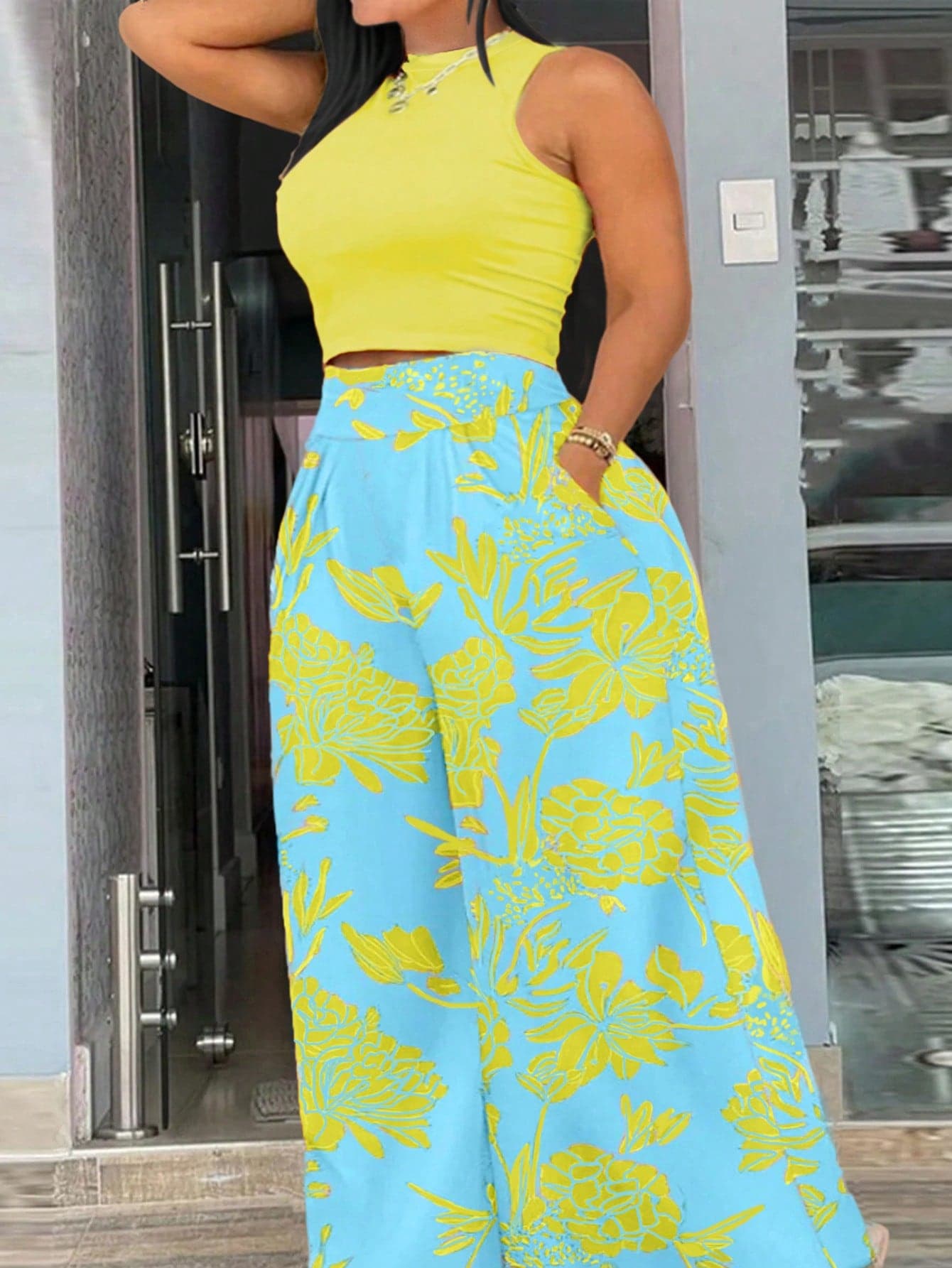 Blue and yellow floral wide-leg culottes