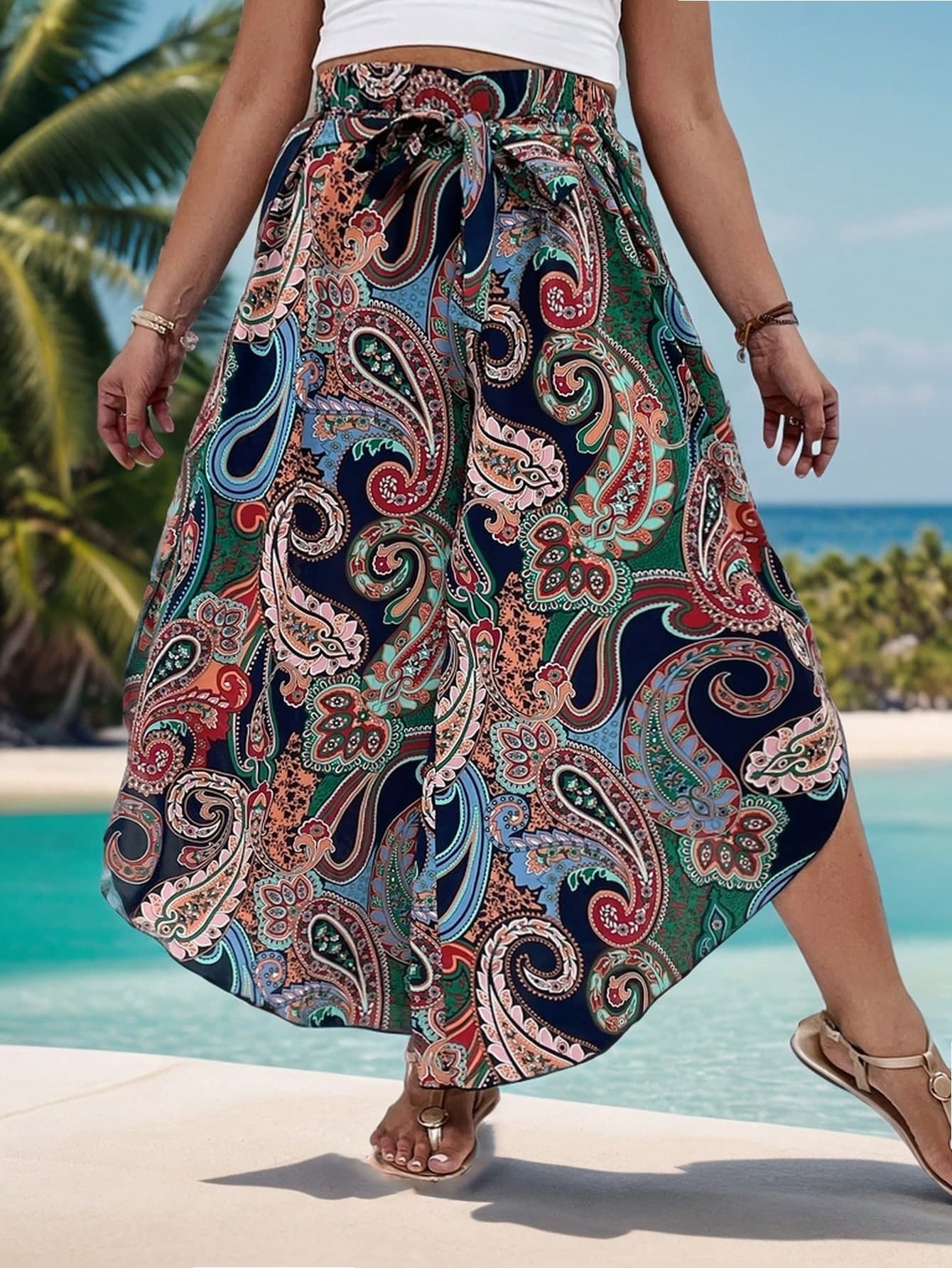 Paisley print wide-leg wrap-front pants