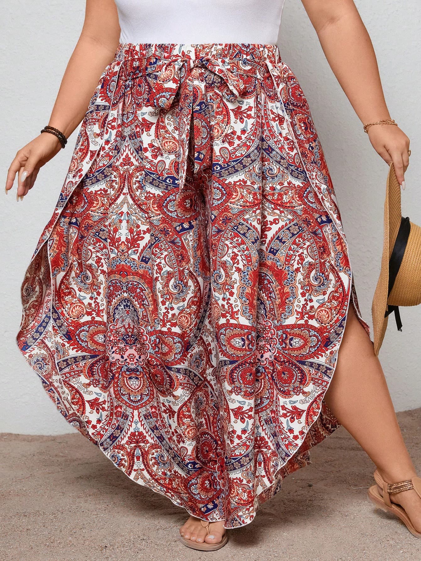 Red paisley wrap-style maxi skirt