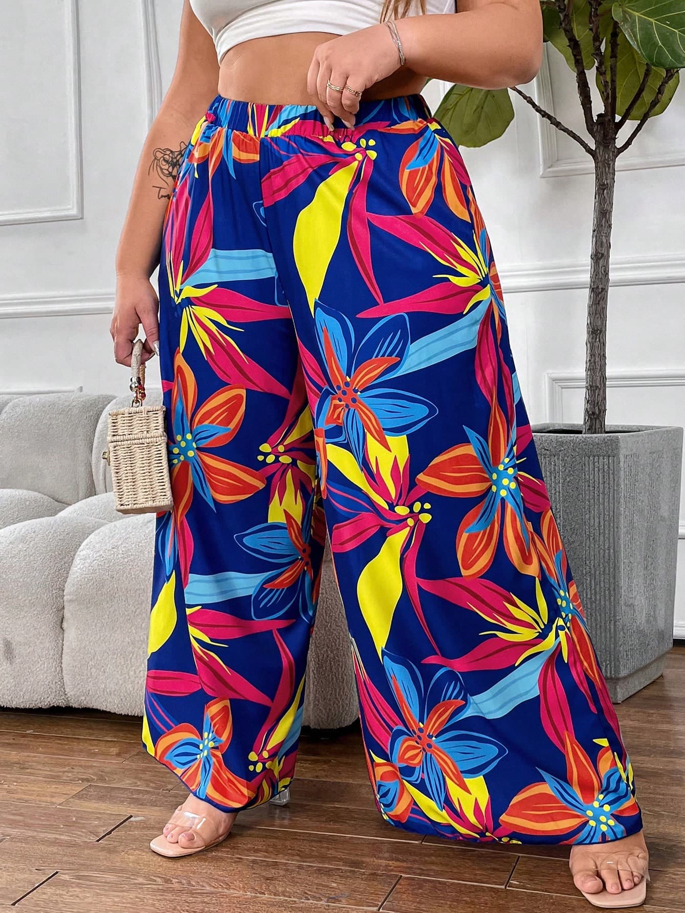 Bright tropical floral wide-leg culottes