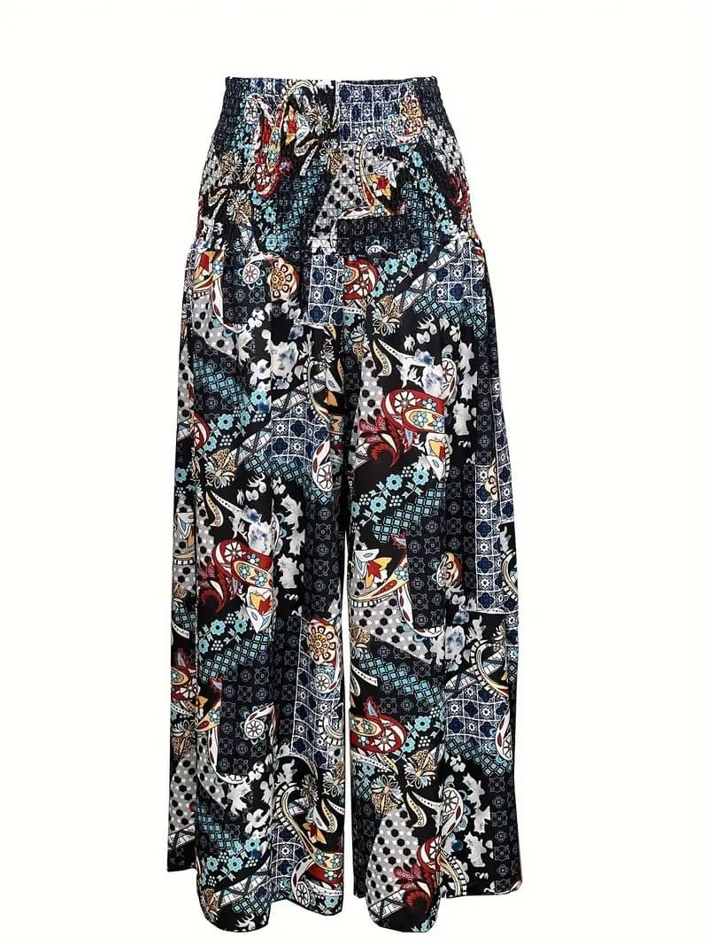 Paisley print wide-leg culottes with shirred waist
